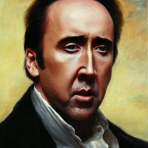 Image similar to Nicolas Cage as an Android, oil on canvas, golden hour, in the world of Andrew Wyeth, artstation, by J. C. Leyendecker and Peter Paul Rubens,