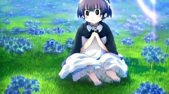 Image similar to Kanna Kamui sitting in a field of Ghibli Clover | Big Moon at Blue Night | GLOWING FLOWERS | strong blue rimlit | visual-key | anime illustration | highly detailed High resolution | Light Novel | Visual Novel | Gosick