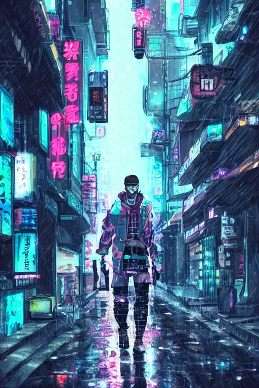 Image similar to a cyberpunk samurai in a raining cobblestone alleyway in tokyo, neon lights, full moon, fog cinematic anime art by one