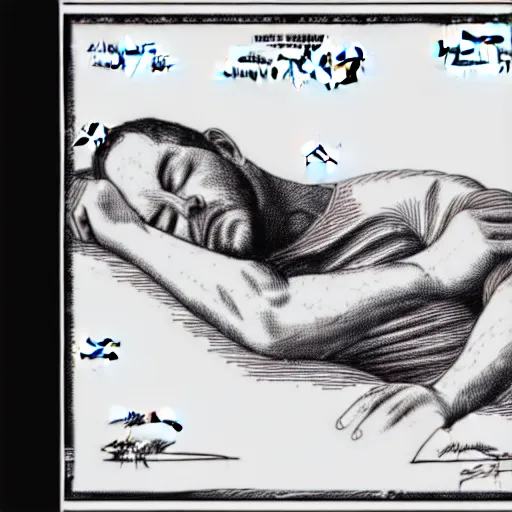 Prompt: sleeping man as a patent drawing. looking at camera. technical drawing. mathematical.