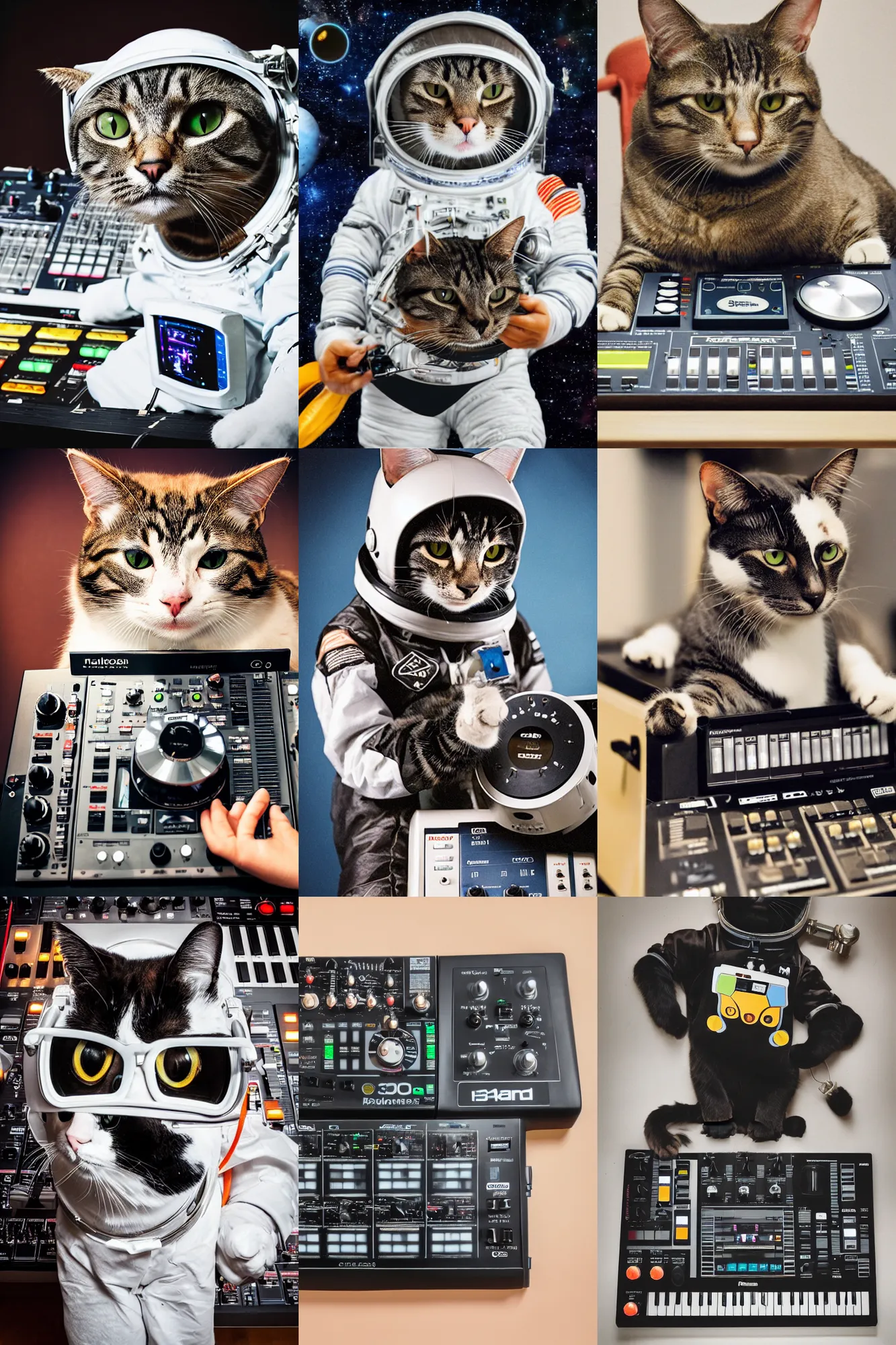 Prompt: Portrait Photo of a Cat in a spacesuit holding a roland 303 drum machine