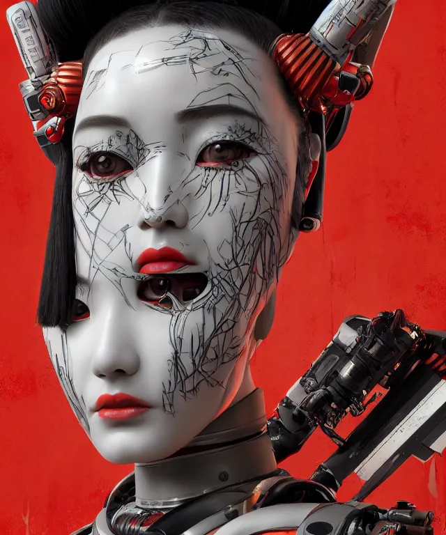 Image similar to an epic fantastic realism comic book style portrait painting of a japanese robotic geisha with kanji tattoos and decals, apex legends, octane render, intricate detail, 4 k hd, unreal engine 5