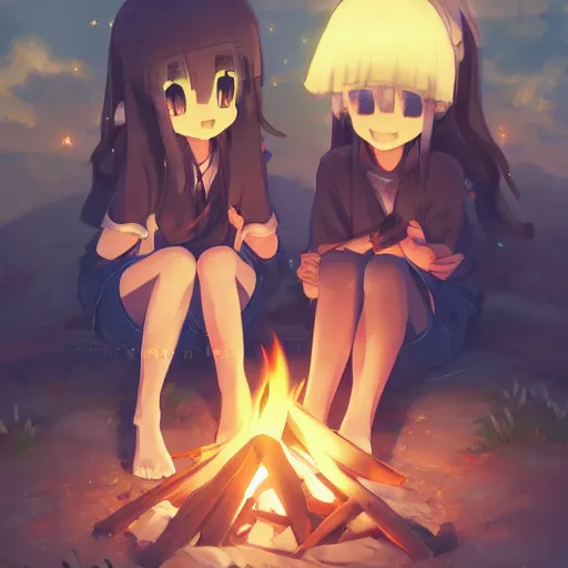 Prompt: very beautiful cute girls sitting around campfire at night, fantastic details, anime art, trending on artstation, pixiv, makoto shinkai, manga cover