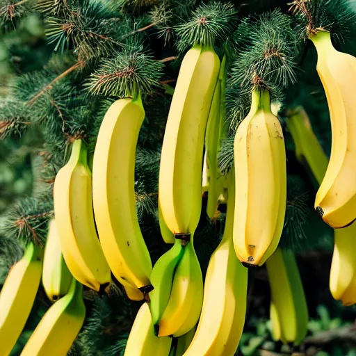 Image similar to 1 5 bananas hanging from a spruce tree, photograph, high quality, 4 k, uhd