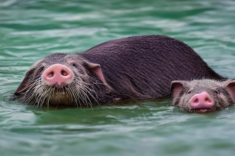 Image similar to a pig sea otter!!! hybrid! hyper realistic!! realistic lighting!! wildlife photographer of the year!!! bold natural colors, national geographic, hd, wide angle, 8 k