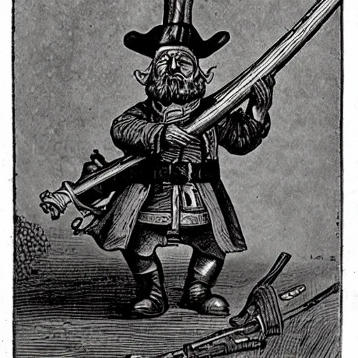 Image similar to A musket with an engraving of a tiny gnome on the barrel.