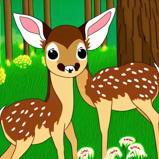 Image similar to cute cartoon baby deer in the Canadian forest, Ghibli, clipart