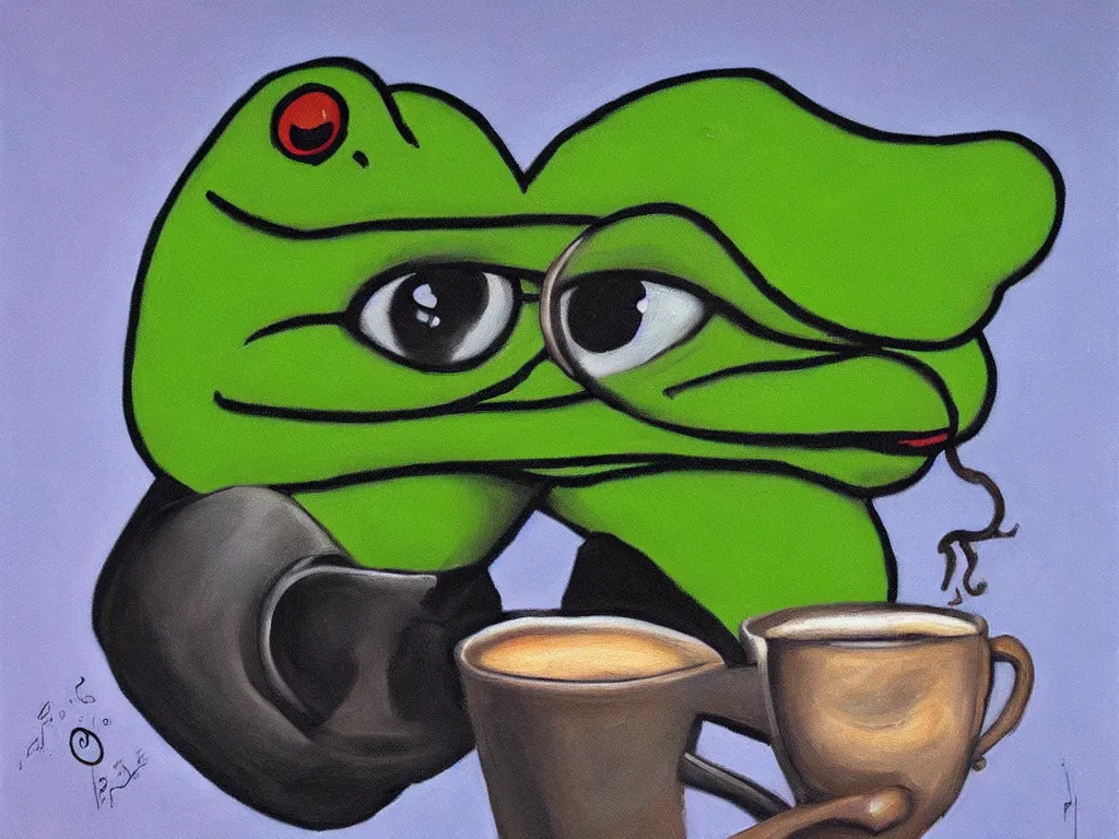 Image similar to portrait of a cyclops pepe! the frog! drinking coffee in the style of dali, oil painting