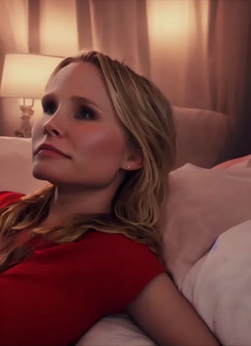 Image similar to gameplay footage, first person view, my pov, kristen bell on my bed looking at me, on my bed