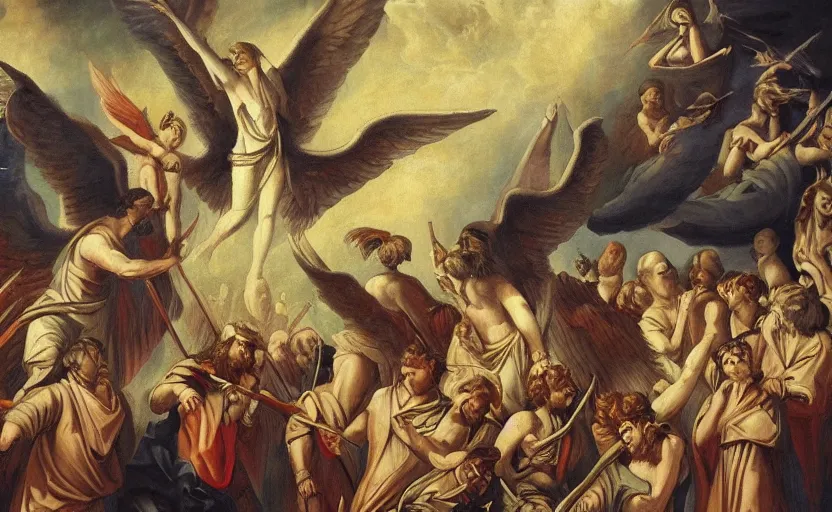 Prompt: Lucifer leads a rebellion of angels in heaven against god, painted in Renaissence style, very detailed, award winning, trending in Art Station,