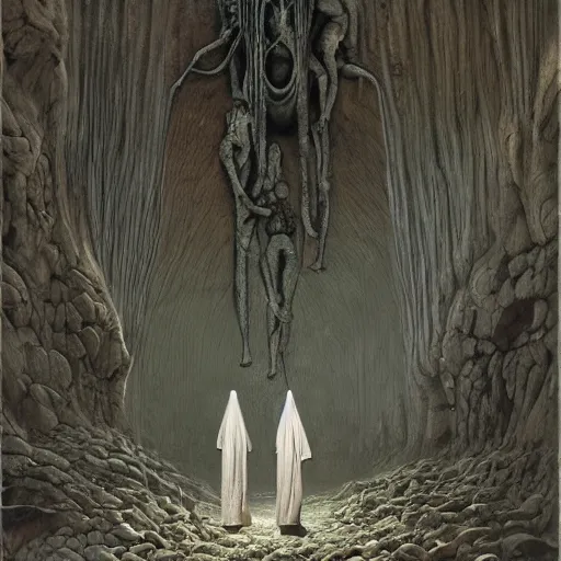 Prompt: painting of a creepy family wearing long robes, intercrossed humans, mixed animal, in a crystal cave, by giger, zdzislaw beksinski, thierry bosch, cold hue's, amazing background, digital art, concept art, animal painting, beautiful composition 3 - d 4 k,