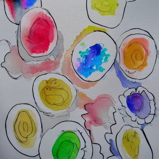 Prompt: happy smiling faces + water Color paint + line drawing ::