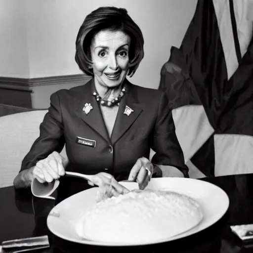 Image similar to a photograph of nancy pelosi wearing an army uniform while eating a large plate filled with scrambled eggs