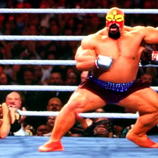 Image similar to wrestlemania dwarf mr t punching hulk hogan