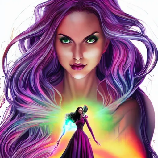 Image similar to sorceress by artgerm, brunette, casting a spell, rainbow coloured magic sparks, full body