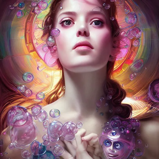 Image similar to dream portrait of a transformer , dreamy and ethereal, expressive pose, big pink eyes, exciting expression, fantasy, intricate, elegant, many rainbow bubbles, rose tones, highly detailed, digital painting, artstation, concept art,cyberpunk wearing, smooth, sharp focus, illustration, art by artgerm and greg rutkowskiand alphonse mucha, Salvador Dali
