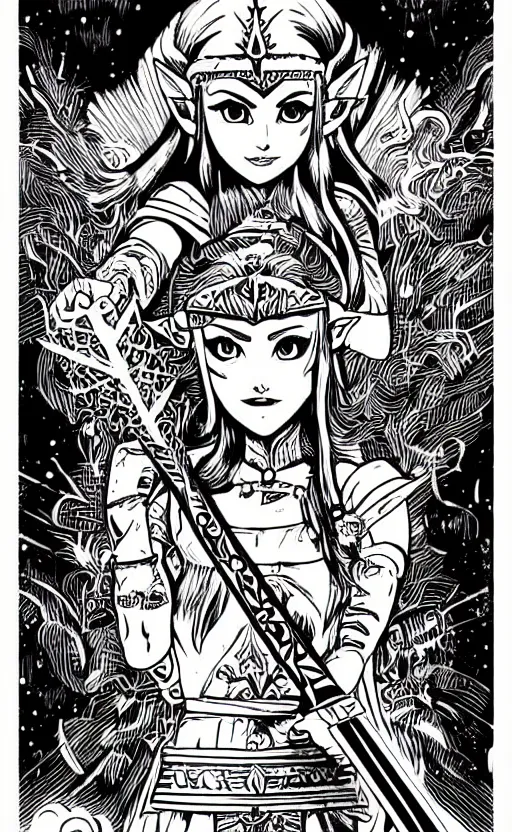 Prompt: mcbess illustration of Princess Zelda holding the master sword