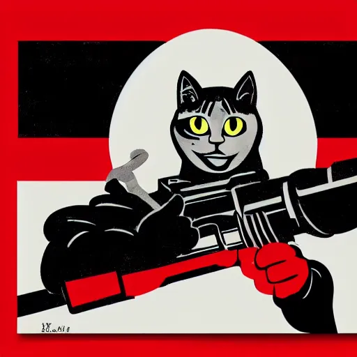 Image similar to a URSS propaganda poster from : a black cat with an AK47 , red and white, This 4K HD image is Trending on Artstation, featured on Behance, well-rendered, extra crisp