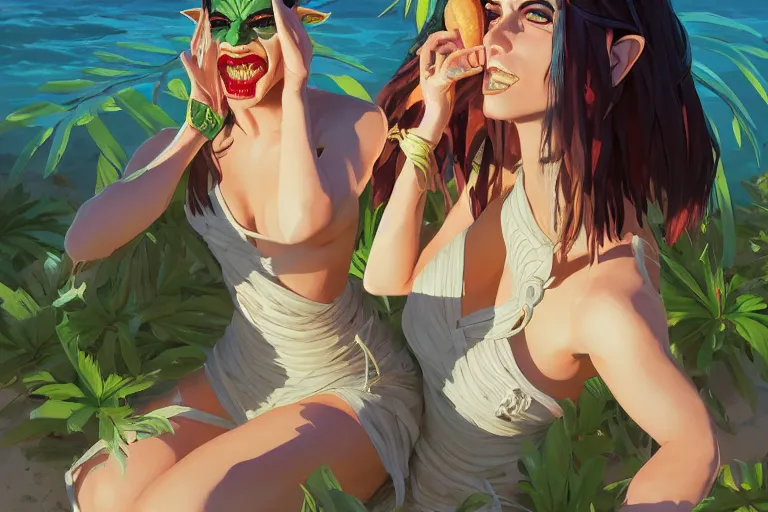 Image similar to half orc half elf woman, beautiful face and small orc tusks, tropical mage dress with high slit, several layers of fabric, laying in some shade on the beach, strong sunlight, bright light, light bloom, by ilya kuvshinov, krenz cushart, Greg Rutkowski, trending on pixiv