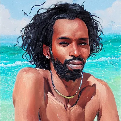 Image similar to beautiful portrait of a somali man, with long curly black hair, relaxing on the beach, by wang ling wlop