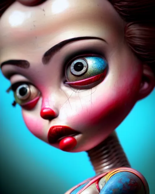 Image similar to closeup face profile portrait of a tin toy bikini girl, hyper realistic, artstation, illustration, nicoletta ceccoli, mark ryden, lostfish, max fleischer, digital paint, matte paint, vivid colors, dark, sinister, detailed and intricate environment