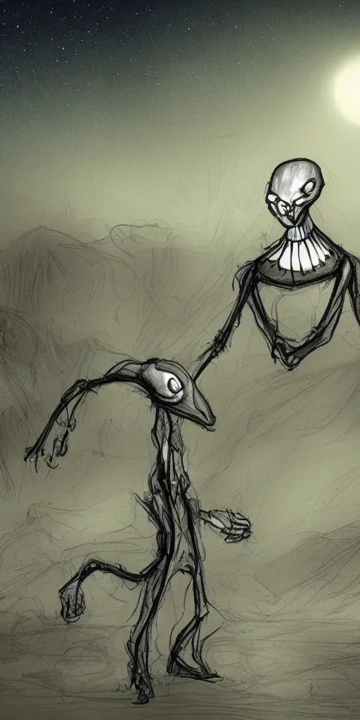 Prompt: sketch of an alien came to earth, nighttime, weird, elegant, panorama, scene, cineme