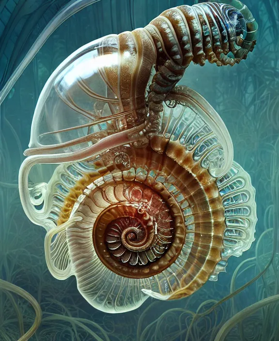 Prompt: intricate ornate opulent transparent clear see - through portrait of a horrific beautiful male human isopod nautilus snail, adorable, childlike, overgrown biopunk jungle environment, ultra realistic, concept art, art nouveau, photorealistic, octane render, 8 k, unreal engine. art by christopher marley and artgerm and greg rutkowski and alphonse mucha