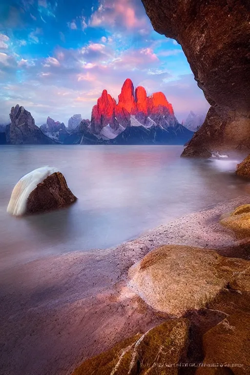 Prompt: sea and dolomites by marc adamus sunny light