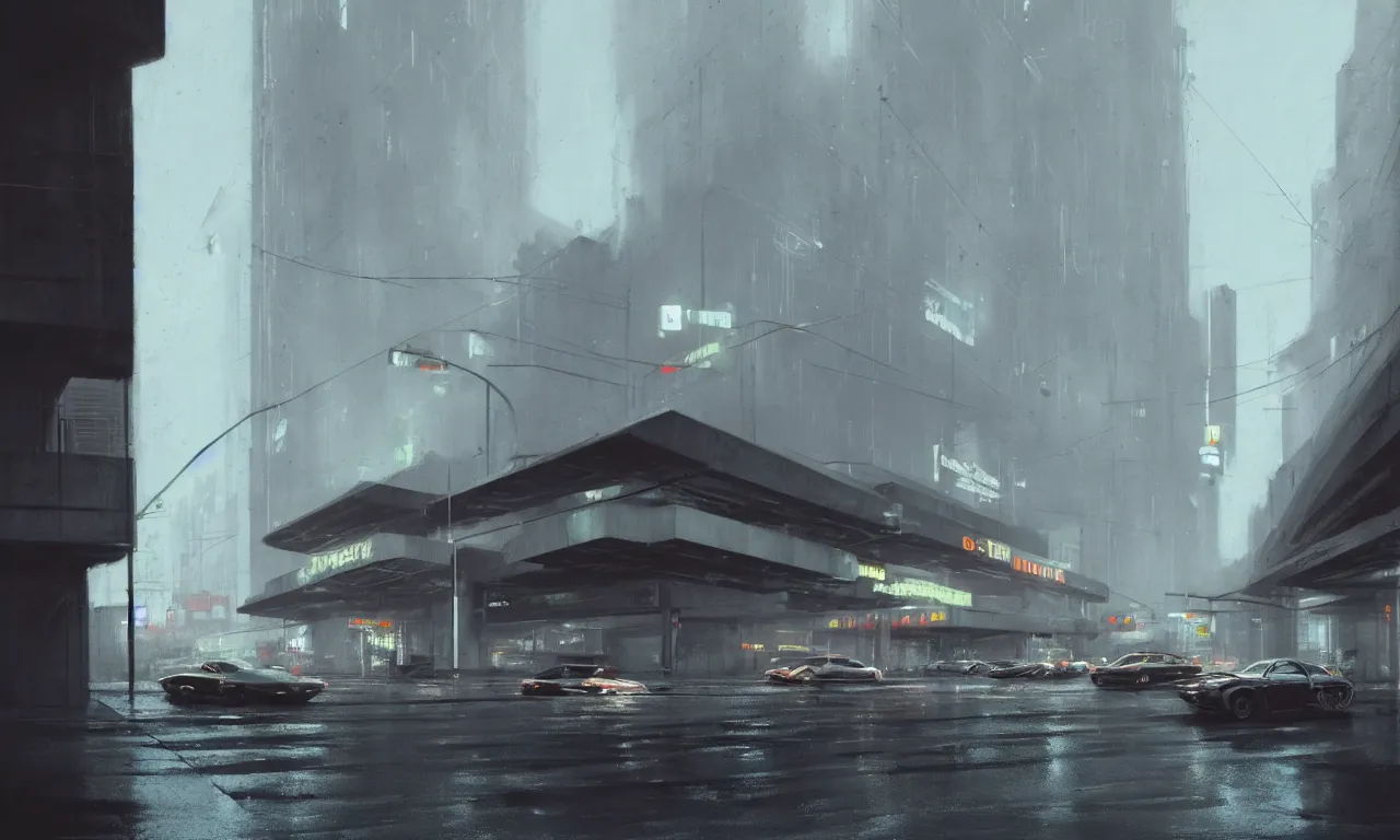 Image similar to high resolution photograph, streetscape, simple brutalist architecture, metal, concrete, wet streets, white neon lights, neon signs, flying cars, pedestrians, greg rutkowski, syd mead, ralph mcquarrie, concept art, matte painting, finely detailed, minimal artifacts, rule of thirds, dynamic lighting, cinematic, denoised, centered, artstation