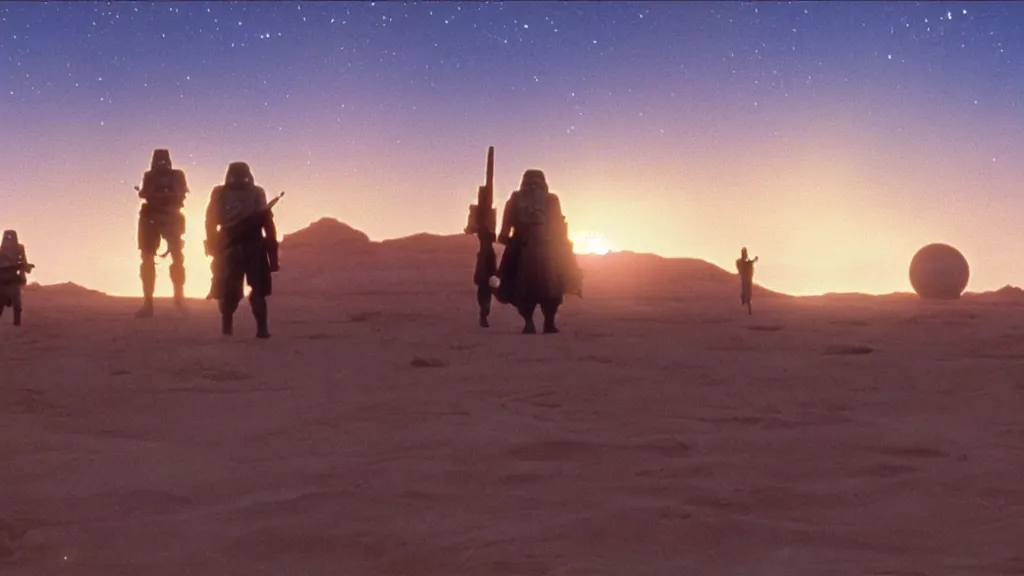 Image similar to film still A new hope tatooine Binary sunset