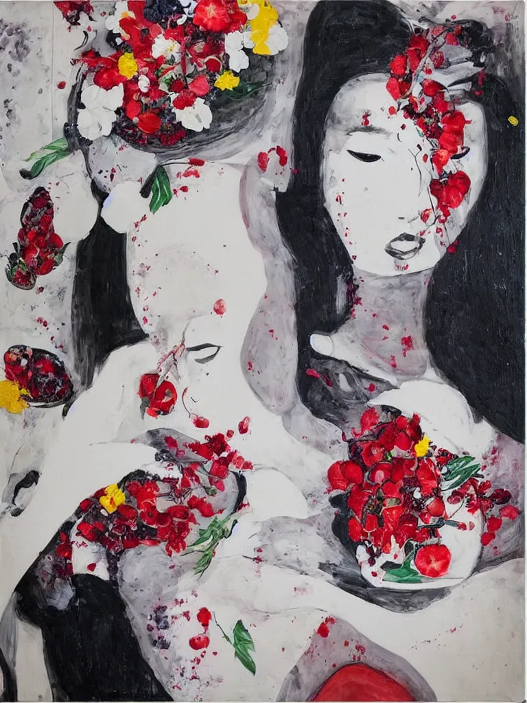 Image similar to “art in an Australian artist’s apartment, portrait of a woman wearing white muslin, eating luscious fresh raspberries and strawberries and blueberries, white wax, edible flowers, Japanese pottery, ikebana, black walls, acrylic and spray paint and oilstick on canvas”