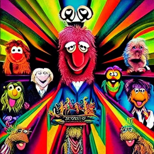 Prompt: animal the muppet on the beatles album cover, 8 k resolution hyperdetailed scary dystopian surrealism style of alex grey