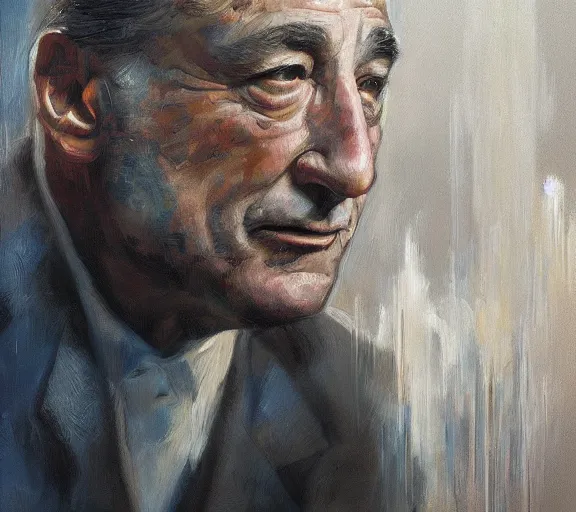 Prompt: a hyper-detailed painting of Robert DeNiro by Craig Mullins; oil on canvas; trending on artstation