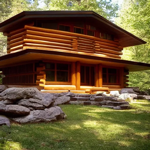 Prompt: Log Cabin designed by Frank Lloyd Wright