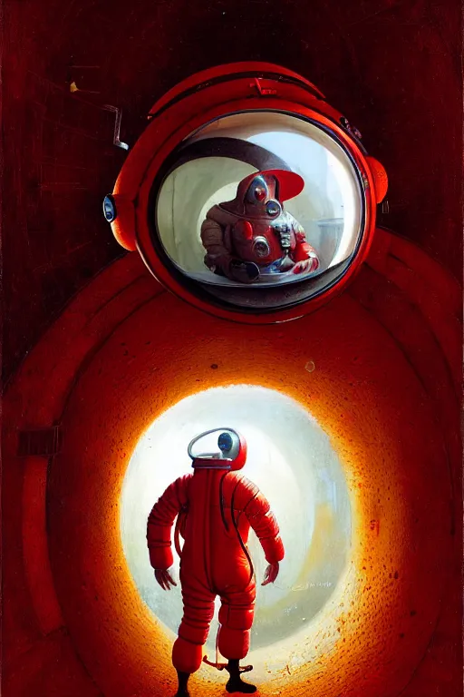 Image similar to hieronymus bosch, greg rutkowski, anna podedworna, painting of a red spacesuit with a large backpack and a large mirrored visor, crawling out of a vent in a space ship