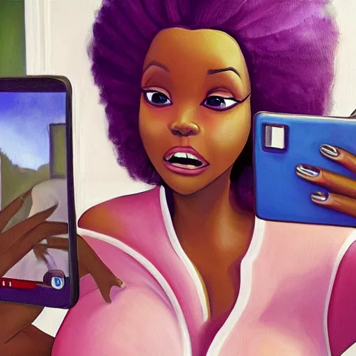 Image similar to stunning, coherent, beautiful painting, still of a beautiful black bbw woman in wal-mart taking a selfie of a creepy man is following her, 3d, in the style of pixar, comic book style, 3d, highly detailed, highly detailed, sharp focus, bokeh, depth of field, 16k resolution, Unreal Engine 5, coherent, cinematic lighting, photorealistic, by Zhang Jingna