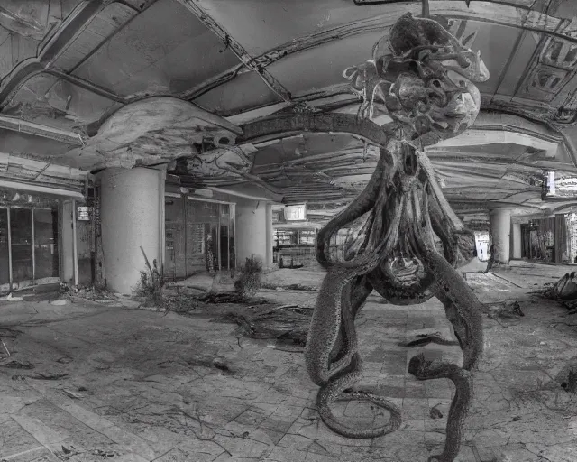 Image similar to camera footage of a extremely aggressive Giant mutated Octopus with glowing white eyes, Human Features, Teeth, in an abandoned shopping mall, Psychic Mind flayer, Terrifying, Silhouette :7 , high exposure, dark, monochrome, camera, grainy, CCTV, security camera footage, timestamp, zoomed in, Feral, fish-eye lens, Fast, Radiation Mutated, Nightmare Fuel, Wolf, Evil, Bite, Motion Blur, horrifying, lunging at camera :4 bloody dead body, blood on floors, windows and walls :5