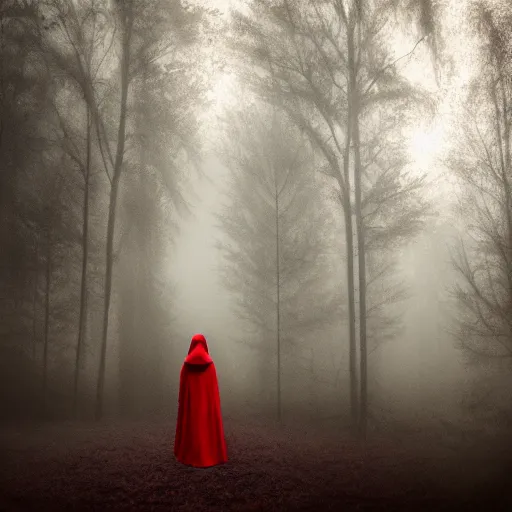 Prompt: a high detailed photo of a lady in a red cloak, seen from behind, ancient forest, mist, 35mm, photorealistic, realistic, deviantart, gloomy atmosphere, high definition