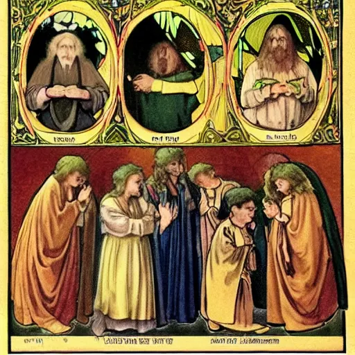 Prompt: seven hobbits in catholic religious garb with halos, background of poison apples, art nouveau