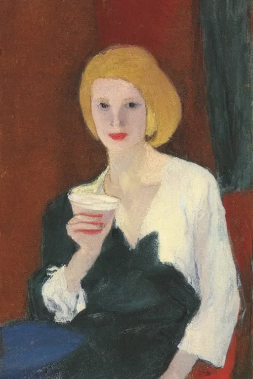 Image similar to portrait of a young woman with blonde hair, wearing a kaftan, drinking milk, by charles hawthorne