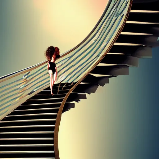 Prompt: a girl walking up a infinity staircase, digital art, 4K