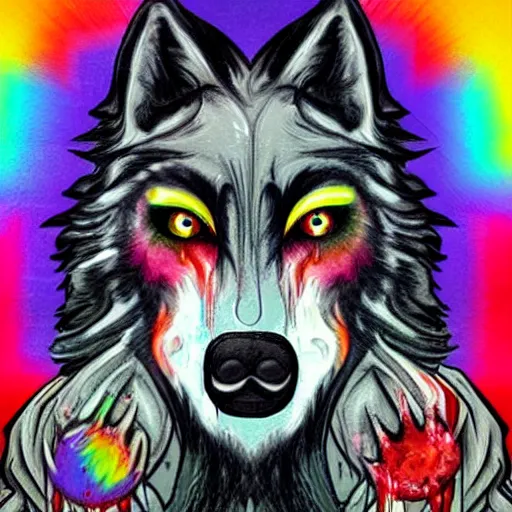 Prompt: a werewolf covered in blood in the style of lisa frank