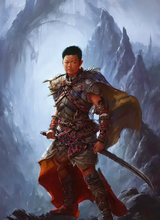 Prompt: asian warrior looking down, dndbeyond, bright, colourful, realistic, dnd character portrait, full body, pathfinder, pinterest, art by ralph horsley, dnd, rpg, lotr game design fanart by concept art, behance hd, artstation, deviantart, hdr render in unreal engine 5