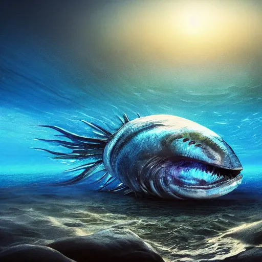 Prompt: vanishing perspective view of an alien fish swimming on the ocean bed, deep blue ocean color, some plant life, alien landscape, cinematic perspective, cinematic lighting, matte painting, detailed, sci - fi