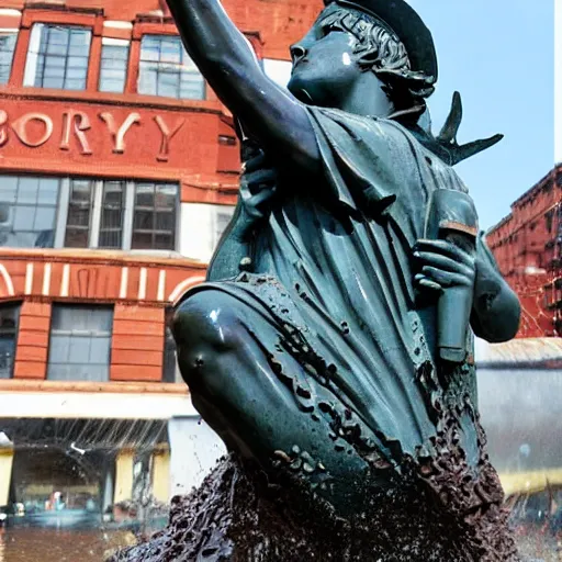 Prompt: liberty statue get sink on chocolate liquid rain, flooded with chocolate