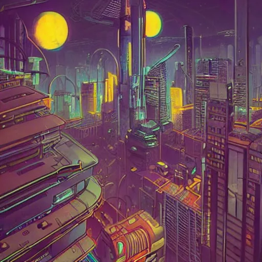 Image similar to astronaut cyberpunk surreal upside down city neon lights moebius