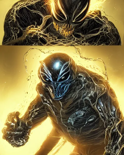 Image similar to ghost rider symbiote, dynamic lighting, fantasy concept art, trending on art station, stunning visuals, creative, cinematic, ultra detailed, comic strip style