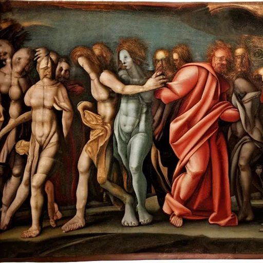 Image similar to alien walking between people, Renaissance painting style, detailed faces