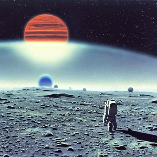 Prompt: an astronaut standing in a field of alien planets, ringed planet in the sky, by Chesley Bonestell