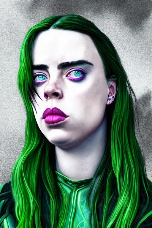Image similar to Billie Eilish as female loki by Ian Srigger, hyper detail, hyper realistic